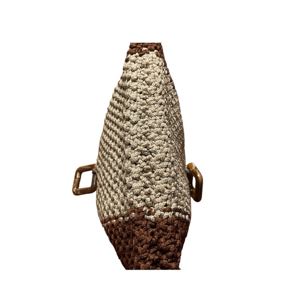 Crochet Clutch Purse Brown Tan Tortoiseshell Buckle Boho Retro Vtg Handbag - Picture 6 of 8
